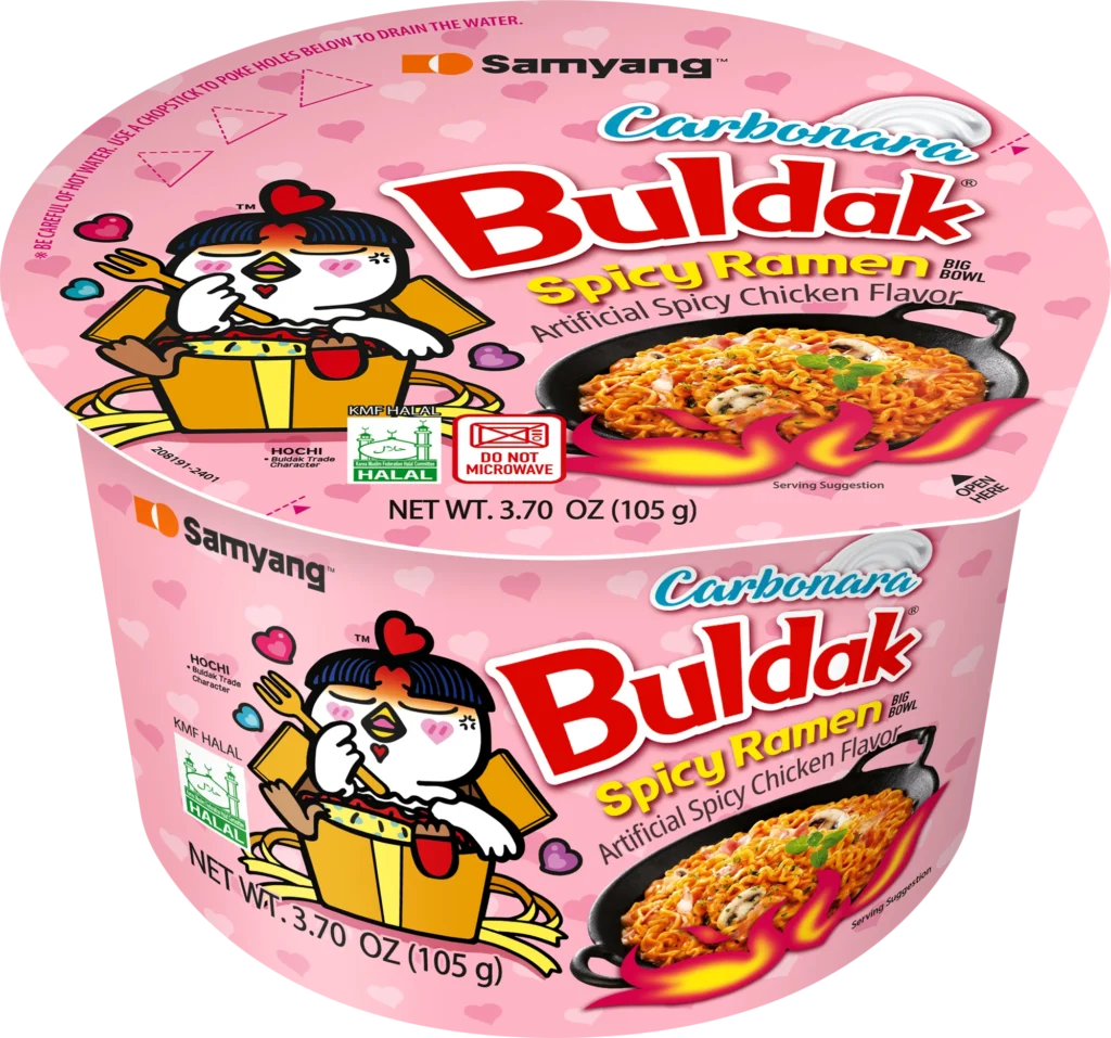 buldak ramen carbonara, samyang noodles, pink buldak ramen, Buldak Carbonara recipe, how spicy is Buldak Carbonara, how to make buldak ramen less spicy, how to make Buldak Carbonara ramen, what to add to Buldak Carbonara, what is carbonara buldak