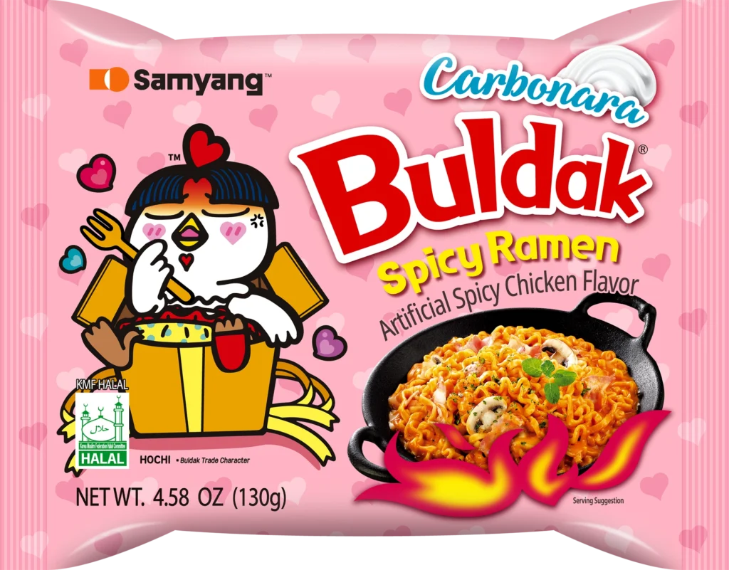 buldak ramen carbonara, samyang noodles, pink buldak ramen, Buldak Carbonara recipe, how spicy is Buldak Carbonara, how to make buldak ramen less spicy, how to make Buldak Carbonara ramen, what to add to Buldak Carbonara, what is carbonara buldak