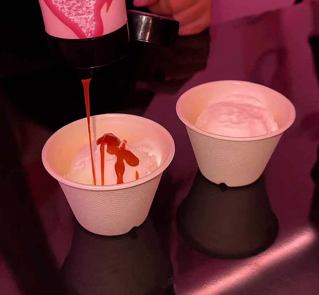 unique ice cream flavor, buldak sauce, summer dessert, soft ice cream day, ice cream topping